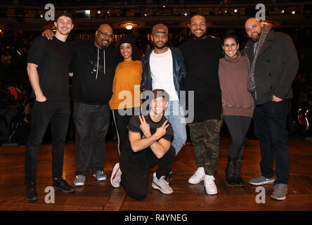 Robert Walters, James Monroe Iglehart, Sasha Hollinger, Thayne Jasperson, Terrance Spencer, Sean Green Jr., Gabriella Sorrentino and Gregory Treco during The Rockefeller Foundation and The Gilder Lehrman Institute of American History sponsored High School student #eduHam matinee performance of 'Hamilton' Q & A at the Richard Rodgers Theatre on November 28, 2018 in New York City. Credit: Walter McBrde/MediaPunch Stock Photo