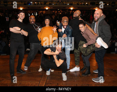 Robert Walters, James Monroe Iglehart, Sasha Hollinger, Thayne Jasperson, Terrance Spencer, Sean Green Jr., Gabriella Sorrentino and Gregory Treco during The Rockefeller Foundation and The Gilder Lehrman Institute of American History sponsored High School student #eduHam matinee performance of 'Hamilton' Q & A at the Richard Rodgers Theatre on November 28, 2018 in New York City. Credit: Walter McBrde/MediaPunch Stock Photo