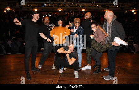 Robert Walters, James Monroe Iglehart, Sasha Hollinger, Thayne Jasperson, Terrance Spencer, Sean Green Jr., Gabriella Sorrentino and Gregory Treco during The Rockefeller Foundation and The Gilder Lehrman Institute of American History sponsored High School student #eduHam matinee performance of 'Hamilton' Q & A at the Richard Rodgers Theatre on November 28, 2018 in New York City. Credit: Walter McBrde/MediaPunch Stock Photo