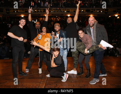 Robert Walters, James Monroe Iglehart, Sasha Hollinger, Thayne Jasperson, Terrance Spencer, Sean Green Jr., Gabriella Sorrentino and Gregory Treco during The Rockefeller Foundation and The Gilder Lehrman Institute of American History sponsored High School student #eduHam matinee performance of 'Hamilton' Q & A at the Richard Rodgers Theatre on November 28, 2018 in New York City. Credit: Walter McBrde/MediaPunch Stock Photo