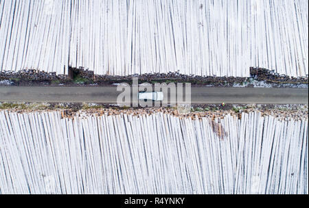 Altenau, Germany. 28th Nov, 2018. Several thousand tree trunks lie covered by a thick layer of ice at a camp site of the Lower Saxony State Forests in the Harz Mountains (aerial photograph with drone). The up to 140 year old spruce trunks had fallen victim to the Frederike storm in spring and now have to wait for sale due to the saturated timber market. The winter weather and the artificial irrigation of the wood has now turned everything into an ice landscape. Credit: Julian Stratenschulte/dpa/Alamy Live News Stock Photo