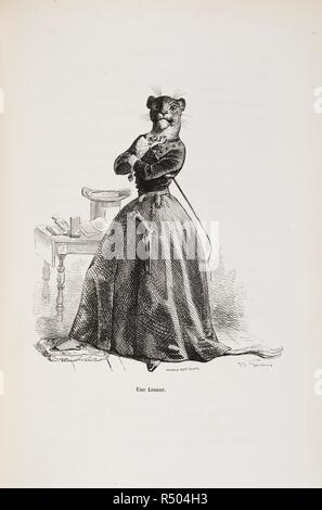 French caricature. A cat or animal dressed in fashionable women's clothes, with a gun at her waist. Defiant pose. Cartoon. . SceÌ€nes de la Vie priveÌe et publique des Animaux, Vignettes par Grandville. Paris, France 1842. SceÌ€nes de la Vie priveÌe et publique des Animaux, Vignettes par Grandville. EÌtudes de mÅ“urs contemporaines, publieÌes sous la direction de M. P. J. Stahl, avec la collaboration de Messieurs de Balzac, L. Baude, E. de la Bedollierre, P. Bernard, J. Janin, E. Lemoine, Charles Nodier, George Sand. (Lheritier de lâ€™Ain, A. de Musset, P. de Musset, Madame M. MeÌuessier  Stock Photo