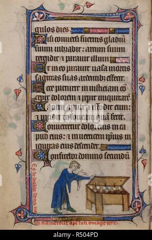Bas-de-page scene of Amoras opening a chest of coins, with a caption reading, â€˜Cy le deable dona tresor a ameroise ap[re]s sun omage fereâ€™ . Book of Hours, Use of Sarum ('The Taymouth Hours'). England, S. E.? (London?); 2nd quarter of the 14th century. Source: Yates Thompson 13, f.162v. Language: Latin and French. Stock Photo