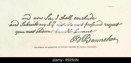 The signature of Benjamin Banneker, a free African American astronomer, mathematician, surveyor, almanac author and farmer. . Banneker the Afric-American Astronomer. From the posthumous papers of M. E. Tyson. Friends' Book Association: Philadelphia, 1884. The signature of a letter to Thomas Jefferson. Source: 10882.aa.5, frontispiece. Author: Tyson, Martha E. Stock Photo