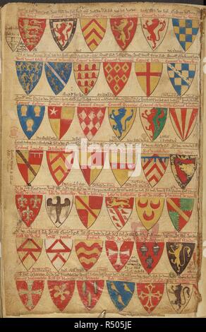 Painted shields of arms, probably copied from a roll of arms. Liber Additamentorum. England [St Albans]; circa 1250-1254. Source: Cotton Nero D. I, f.171v. Language: Latin. Author: PARIS, MATTHEW. Stock Photo