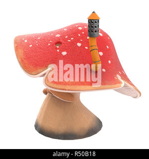 fantasy cartoon big mushroom with a pipe on an isolated white background, 3d illustration Stock Photo