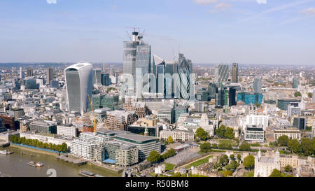 Modern Office Towers Aerial View in Business and Financial District in London. Most Advanced Construction Techniques and Architecture UK Stock Photo