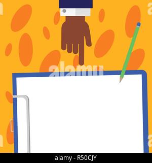 Business Empty template for Layout for invitation greeting card promotion poster voucher. Hu analysis Hand Pointing Down to Clipboard with Blank Bond  Stock Vector