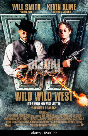 Wild Wild West (1999) directed by Barry Sonnenfeld and starring Will Smith, Kevin Kline, Kenneth Branagh and Salma Hayek. Two hired guns go after a renegade inventor trying to assassinate President Ulysses S. Grant. Photograph of original 1999 US poster ***EDITORIAL USE ONLY***. Credit: BFA / Warner Bros. Stock Photo