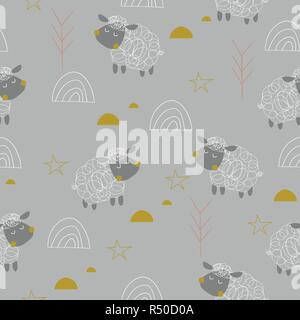 Baby sheeps seamless pattern on the grey background. Vector illustration Stock Vector