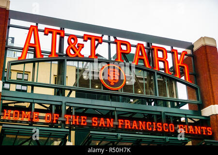 August 21, 2018 San Francisco / CA / USA - Close up of the logo of the AT&T Park, home of the San Francisco Giants above one of the arena entrance gat Stock Photo