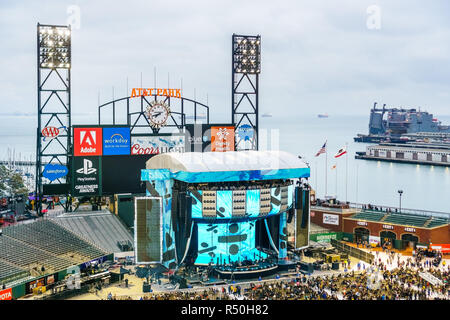 August 21, 2018 San Francisco / CA / USA - Aerial view of the AT&T Park stadium before a music concert; stage installed in front of the billboard Stock Photo