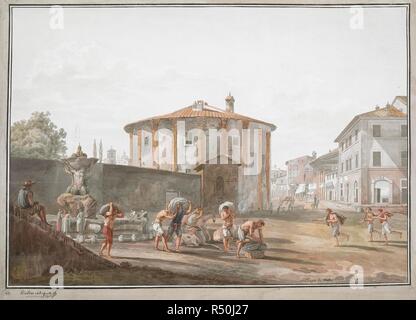 View of the Temple of Hercules Victor, formerly believed to be the Temple of Vesta, in the Forum Boarium in Rome, from what is now called Piazza Bocca della VeritÃ . Women drawing water from the Fountain of the Tritons on the left and a group of men collecting heavy sacks in the foreground, clothes hanging to dry across the street in the background. Le Temple de Vesta. [Rome] : [Giovanni Volpato], [between 1780 and 1789]. Hand-coloured etching, with watercolour and gouache. Source: Maps K.Top.81.43.c. Language: French. Stock Photo