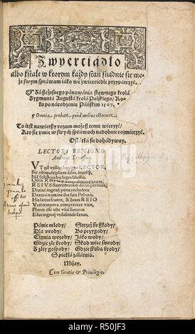 Title page of Zwierciadlo [The Mirror]. This work, written in a vividly colloquial language, is a reflection of the life and mentality of the Polish gentry in the 16th century.  . Zwierciadlo [The Mirror]. W Krakowie : Maciey Wirzbieta imprymowal, 1568. Source: C.125.e.20 Title page. Language: Polish. Author: Mikolaj Rej, Z Naglowic. Stock Photo