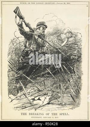 'The breaking of the spell'. Steinbach, January 3, 1915'. Cartoon depicting a French soldier attacking a German soldier. Punch or the London charivari. London, 1915. Source: PP.5270, 13 January 1915, page 23. Author: Raven-Hill, Leonard. Stock Photo