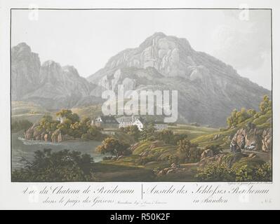 A group of figures on a road in the foreground on the right near the confluence of the Rivers Hinterrhein and Vorderrhein on the left, with a village, Reichenau Castle and the Alps in the background. Vue du Chateau de Reichenau dans le paÃ¿s des Grisons = Ansicht des Schlosses Reichenau in BÃ¼ndten. Mannheim : beÃ¿ Dom. Artaria, 1803. Hand-coloured etching and aquatint. Source: Maps 7.Tab.64.(2.). Language: French and German. Stock Photo