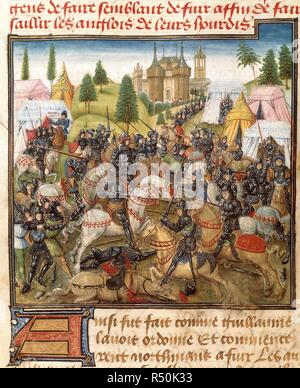 Battle of Hastings. Chronique de Normandie. France [Rouen]; 2nd half of 15th century. [Miniature] Battle of Hastings. Archers shoot at the knights; one knight lying shot by an arrow is perhaps Harold. In background, the tents of the rival combatants, and a castle. Text with decorated initial 'A'  Image taken from Chronique de Normandie.  Originally published/produced in France [Rouen]; 2nd half of 15th century. . Source: Yates Thompson 33, f.160v. Language: French. Stock Photo