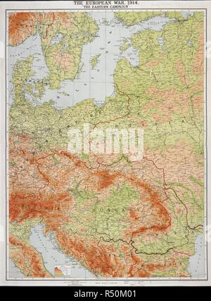 A map of the First World War, showing: Part of Norway and Sweden; Hungary; Austria; Germany; Denmark and Russia. The European War, 1914. â€œThe Eastern Campaign.â€ Natural scale, 1 : 2,280,000. (W. & A.K. Johnston's War Map. Petrograd to Berlin, orographically coloured). Edinburgh : W. & A.K. Johnston, [1915]. Source: Maps.1035.(121). Stock Photo