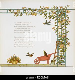 Birds on a wheelbarrow. At Home again Verses [Illustrated by] J G Sowerby and T Crane. London : Marcus Ward & Co., [1886]. Source: 12806.t.30 page 17. Author: Sowerby, John G. Stock Photo