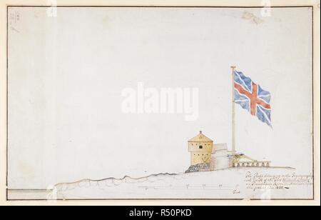 A detail and section of the east wall of Fort William and Mary, with the Piscataqua River on the left, a two-storey roofed guardhouse attached to the wall, a cannon propped up on a wooden platform beside and a large British flag flying above. The Profil belonging to the Iconographycal Draft of the Fort William & Mary on Piscataqua River in America. 1705. Source: Maps K.Top.120.28.b. Language: English. Stock Photo