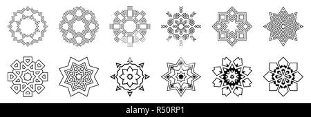 Snowflakes set. Isolated on white background. Flat snow icons, silhouette. Geometric design elements for Christmas decoration. Crystal, ice  elements. Stock Vector