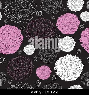 Peony Collection-Flowers in Bloom seamless repeat pattern Background in Black Pink and White Stock Vector