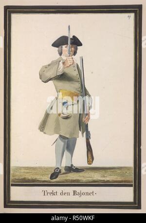 Soldier with musket. Drawings of Dutch Military Costurmes and Musket Exercises. Netherlands; 18th century. Image taken from Drawings of Dutch Military Costumes and Musket Exercises.  Originally published/produced in Netherlands; 18th century. Source: Add. 20728 49. Language: Dutch. Stock Photo