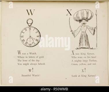 Watch and King Xerxes Illustrations and verse from Nonsense Alphabets by Edward Lear. . Nonsense Botany, and Nonsense Alphabets, Fifth edition. Frederick Warne & Co.: London & New York, 1889. Source: Cup.400.a.42 99. Stock Photo