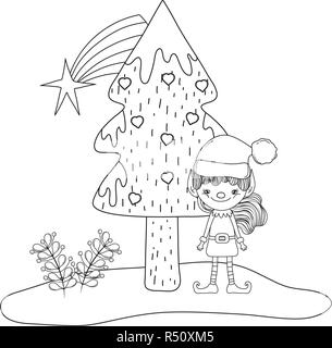 cute santa helper with pine tree vector illustration design Stock Vector