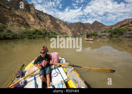 Man paddling in raft down Green River on Desolation/Gray Canyon section, Utah, USA Stock Photo