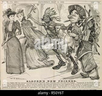 Ally Sloper's new friends. A city street. Two ladies flinching from three drunk men, two  in red indian costumes, and one in a cowboy hat. . Ally Sloper's Half Holiday Cartoons. London 1888. Source: Ally Slopers Half Holiday 14/05/1892 p153 (det). Language: English. Stock Photo