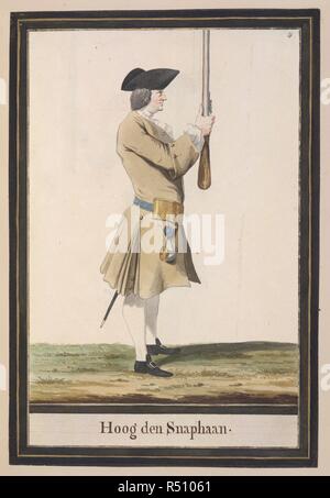 Soldier with musket. Drawings of Dutch Military Costurmes and Musket Exercises. Netherlands; 18th century. Image taken from Drawings of Dutch Military Costumes and Musket Exercises.  Originally published/produced in Netherlands; 18th century. Source: Add. 20728 4. Language: Dutch. Stock Photo