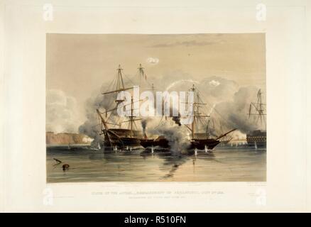Close of the action, - Bombardment of Sebastopol. Oct. 17th 1854. Bellarophon and Rodney being towed out. A Series of 23 coloured lithographic views, representing the principal events during the Russian War, by W Simpson and others, from sketches by E T Dolby and other artists. London, 1854, 55. Crimean war. Source: 1899.b.3 plate 21. Author: SIMPSON, WILLIAM. WALKER E. Stock Photo