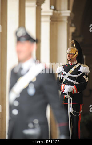 Member of Reggimento Corazzieri (Cuirassiers' Regiment) part of Arma dei Carabinieri (Carabinieri Force) Guard of Honor of the President of the Italia Stock Photo