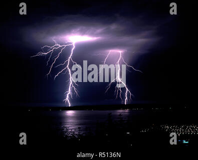 Fall Thunderstorm Late Night Lightning Strike Puget Sound Elliott Bay Stock Photo