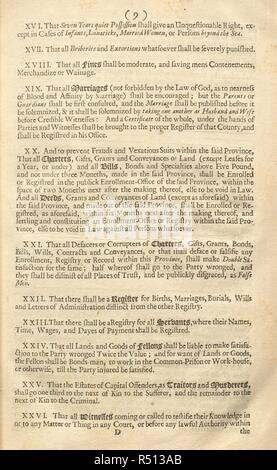 The Frame of the Government of Pennsylvania. Having received a substantial grant of lands in 1681 in what would become known as Pennsylvania, William Penn set about devising a constitution for his new colony, which became The Frame of the Government of Pennsylvania. That document, and its accompanying â€˜Laws agreed upon in Englandâ€™, contained many provisions based on Magna Carta, including that â€˜all fines shall be moderateâ€™ (Law XVIII). Law XVIII in turn reflected clause 20, stating that fines should be proportionate to the offence committed. This was the first time that an American col Stock Photo