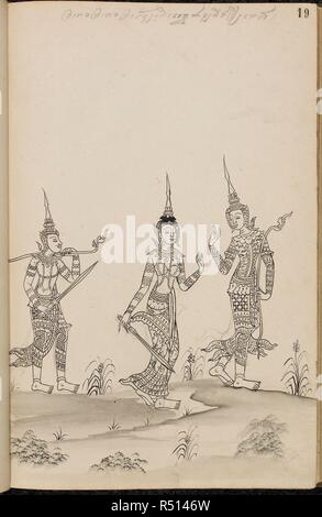 Rama, his wife Sita and Lakshmana,  scene from the Ramakien (Thai version of the Ramayana). Ramakien (Thai version of the Ramayana). 1880. Materials: European paper Dimensions: 230 mm x 355 mm Script: Khom script, a variant of Khmer script used in Thailand in pencil. Source: Or. 14859 f.19. Language: Thai. Stock Photo