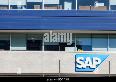 MONTREAL, CANADA - NOVEMBER 5, 2018: SAP logo in front of their main office for Montreal, Quebec. SAP is a German professionnal software development c Stock Photo