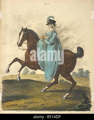 'Hyde Park, Riding Dress.' 'The front hair combed plain; the sides and hind hair in ringlets. Black beaver hat, with a gold band and tassels; round blue ostrich feather placed in the front of the hat. Riding dress of blue cloth. Double plaiting of Valenciennes lace round the neck. Large gold hoop ear-ring. York tan gloves. Purple Spanish leather shoes.'. Gallery of Fashion. [London], 1794-1802. Original descriptions of the plates from the book, abbreviated in some cases. Source: C.106.k.16, May 1797, figure 138. Stock Photo