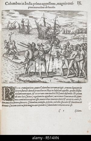 Theodor de Bry - Columbus, as he first arrives in India, is received by