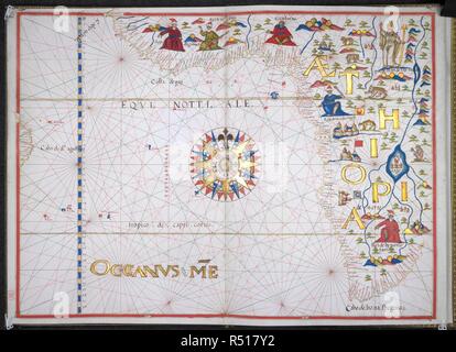 West Coast of Africa. Portolano. Spain; before 1600. [Whole chart] Chart of the west coast of Africa from the Cape Verde Islands, and the South Atlantic Ocean  Image taken from Portolano.  Originally published/produced in Spain; before 1600. . Source: Add. 9814, No.6. Language: Spanish. Stock Photo