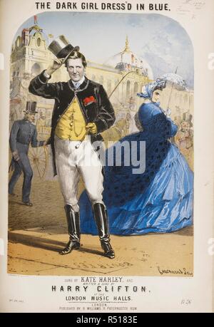 Music cover. A man tipping his top hat to a lady dressed in a blue dress.  From a village away in Leicestershire. The Dark Girl dressed in Blue. [Song.]  Written by H. Clifton. London, 1863. Source: H.1790.(41). Author: Clifton,  Harry. CONCANEN
