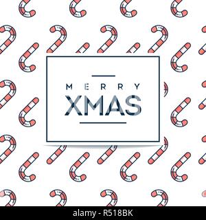 Beautiful minimalistic Merry Xmas card with candy cane seamless pattern, flat design thin line style Stock Vector