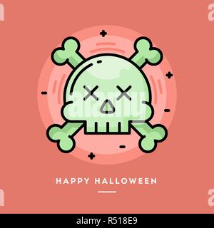 Skull with crossed bones icon, flat design thin line Halloween banner Stock Vector