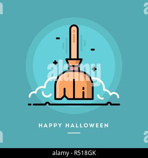 Floating broom icon, flat design thin line halloween banner Stock Vector