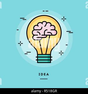 Brain in the light bulb as a metaphor for idea, line flat design banner Stock Vector