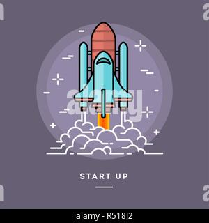 Rocket launching as a metaphor for start up business, line flat design banner Stock Vector