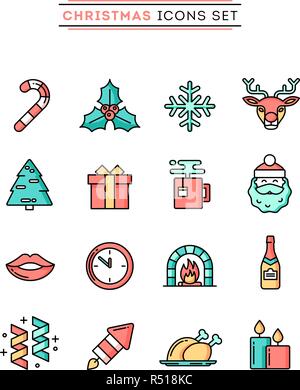 Set of beautiful Christmas icons, flat design thin line style Stock Vector