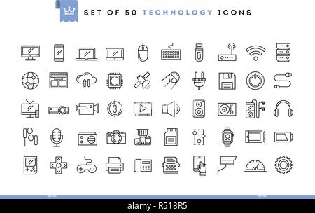 Set of 50 technology icons, thin line style Stock Vector