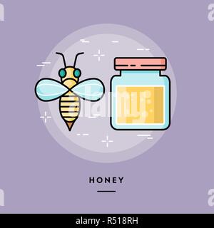 Cute bee and jar of honey, line flat design banner Stock Vector